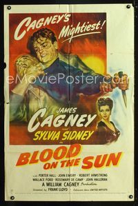 2e065 BLOOD ON THE SUN 1sheet '45 great artwork of James Cagney fighting, plus sexy Sylvia Sidney!