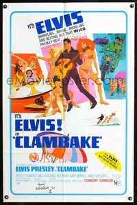 2e004 CLAMBAKE signed one-sheet '67 by Will Hutchins, great artwork of Elvis Presley & sexy babes!