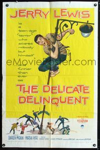 2e112 DELICATE DELINQUENT one-sheet poster '57 wacky teen-age Jerry Lewis hanging from light post!