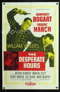 2e117 DESPERATE HOURS one-sheet '55 art of Humphrey Bogart attacking Fredric March, William Wyler