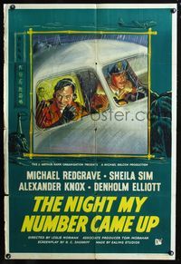 2e335 NIGHT MY NUMBER CAME UP English 1sheet '55 stone litho art of pilot Michael Redgrave in plane!