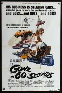 2e156 GONE IN 60 SECONDS one-sheet '74 cool art of stolen cars by Edward Abrams, crime classic!
