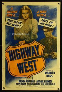 2e185 HIGHWAY WEST one-sheet poster '41 Brenda Marshall, Arthur Kennedy has a price on his head!