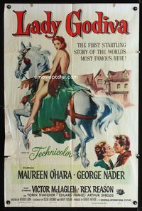 2e236 LADY GODIVA one-sheet poster '55 artwork of super sexy naked Maureen O'Hara on horseback!