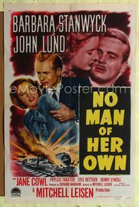 2e339 NO MAN OF HER OWN style A one-sheet '50 Barbara Stanwyck, cool artwork of exploding train!
