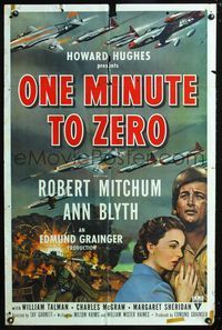2e356 ONE MINUTE TO ZERO 1sheet '52 art of Robert Mitchum, Ann Blyth & fighter jets, Howard Hughes