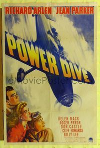 2e393 POWER DIVE one-sheet '41 art of stunt pilot Richard Arlen & his airplane going down FAST!