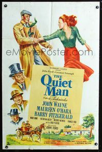 2e408 QUIET MAN one-sheet movie poster '51 great artwork of John Wayne & Maureen O'Hara, John Ford