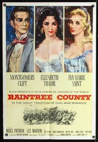 2e416 RAINTREE COUNTY one-sheet '57 art of Montgomery Clift, Elizabeth Taylor & Eva Marie Saint!