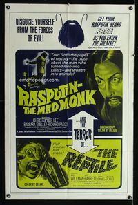 2e418 RASPUTIN THE MAD MONK/REPTILE one-sheet poster '66 wacky double-bill, free Rasputin beards!