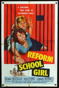 2e009 REFORM SCHOOL GIRL one-sheet poster '57 classic AIP bad girl catfight behind bars artwork!