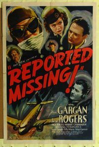 2e424 REPORTED MISSING one-sheet poster '37 art of William Gargan, Jean Rogers & cool airplane!