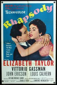 2e430 RHAPSODY one-sheet '54 great romantic close up image of Elizabeth Taylor & Vittorio Gassman!