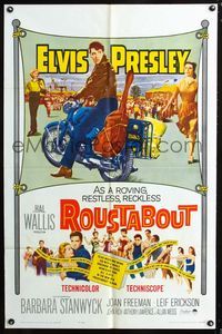 2e003 ROUSTABOUT one-sheet '64 roving, restless, reckless Elvis Presley on motorcycle with guitar!