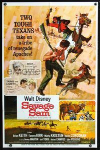 2e446 SAVAGE SAM style A one-sheet '63 Disney, art of boy & dog fighting Indian, Old Yeller sequel!
