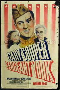2e454 SERGEANT YORK one-sheet '41 great headshot artwork of Gary Cooper in uniform, Howard Hawks