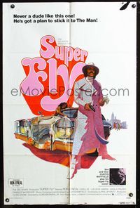 2e517 SUPER FLY one-sheet '72 great artwork of Ron O'Neal with car & girl sticking it to The Man!