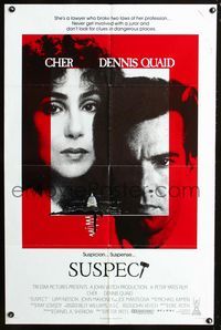 2e521 SUSPECT int'l one-sheet movie poster '87 lawyer Cher gets involved with juror Dennis Quaid!
