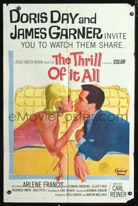 2e546 THRILL OF IT ALL one-sheet poster '63 wonderful artwork of Doris Day kissing James Garner!