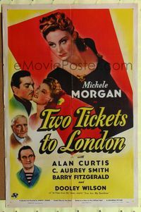 2e573 TWO TICKETS TO LONDON one-sheet '43 art of sexy Michele Morgan, Alan Curtis, C. Aubrey Smith
