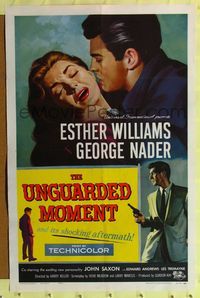 2e577 UNGUARDED MOMENT one-sheet '56 close up art of Esther Williams threatened by George Nader!