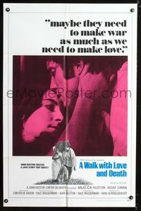 2e590 WALK WITH LOVE & DEATH int'l one-sheet '69 John Huston, Anjelica Huston romantic close up!