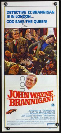 2f063 BRANNIGAN Australian daybill movie poster '75 great art of fighting John Wayne in England!