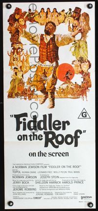 2f183 FIDDLER ON THE ROOF Australian daybill movie poster '72 cool artwork of Topol by Ted CoConis!