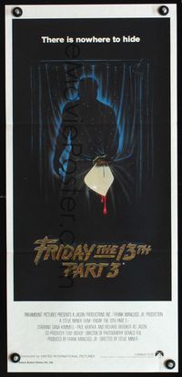 2f198 FRIDAY THE 13th 3 - 3D Aust daybill '82 slasher sequel, art of Jason stabbing through shower!