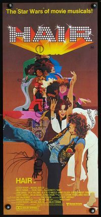 2f230 HAIR Australian daybill '79 Milos Forman, Treat Williams, cool different art by Bob Peak!