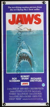 2f256 JAWS Australian daybill poster '75 artwork of Steven Spielberg's classic man-eating shark!