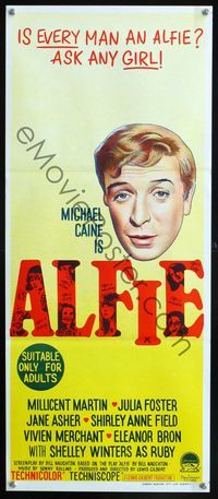 2f013 ALFIE Australian daybill poster '66 British cad Michael Caine loves them and leaves them!