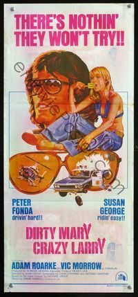 2f143 DIRTY MARY CRAZY LARRY Aust daybill '74art of Peter Fonda & sexy Susan George eating popsicle