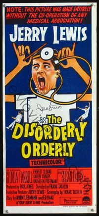2f144 DISORDERLY ORDERLY signed Australian daybill '65 by wackiest hospital nurse Jerry Lewis!