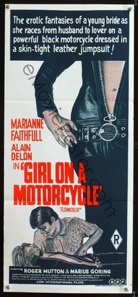 2f210 GIRL ON A MOTORCYCLE Australian daybill '68 sexy Marianne Faithfull is Naked Under Leather!