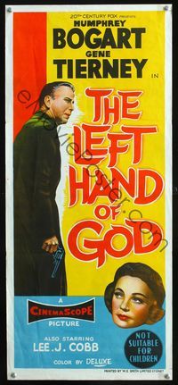 2f271 LEFT HAND OF GOD Aust daybill '55 art of priest Humphrey Bogart holding gun & Gene Tierney!