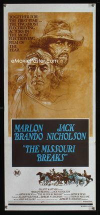 2f309 MISSOURI BREAKS Australian daybill '76 art of Marlon Brando & Jack Nicholson by Bob Peak!