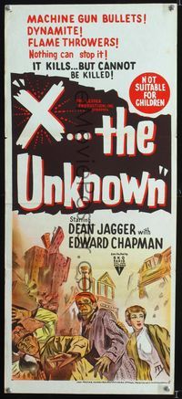 2f490 X THE UNKNOWN Australian daybill movie poster '56 spooky Hammer sci-fi, cool stone litho art!