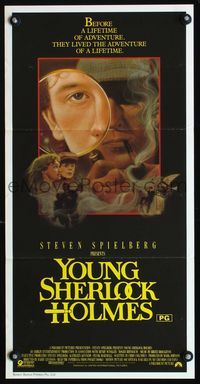 2f496 YOUNG SHERLOCK HOLMES Aust daybill '85 Steven Spielberg, Nicholas Rowe, cool detective art!