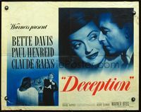 2g365 DECEPTION half-sheet movie poster '46 great image of Bette Davis, Paul Henreid, Claude Rains