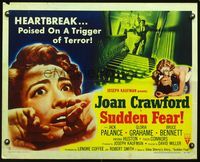 2g707 SUDDEN FEAR style B half-sheet '52 great close up of terrified Joan Crawford, Jack Palance