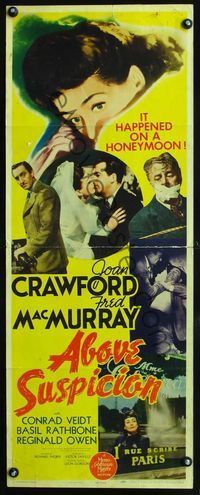2h011 ABOVE SUSPICION insert poster '43 Joan Crawford, Fred MacMurray, it happened on a honeymoon!