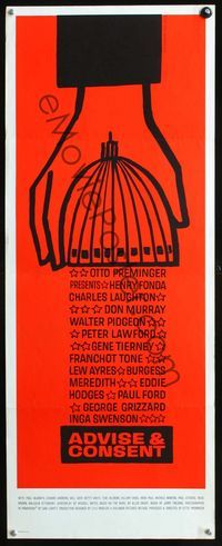 2h015 ADVISE & CONSENT insert movie poster '62 Otto Preminger, classic Saul Bass artwork!