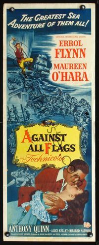 2h016 AGAINST ALL FLAGS insert '52 cool artwork of pirate Errol Flynn romancing Maureen O'Hara!