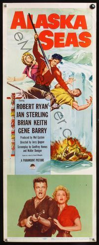 2h021 ALASKA SEAS insert movie poster '54 cool art of Robert Ryan attacking man with harpoon!
