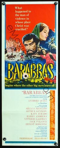 2h043 BARABBAS insert poster '62 Richard Fleischer, cool artwork of Anthony Quinn & Silvana Mangano!