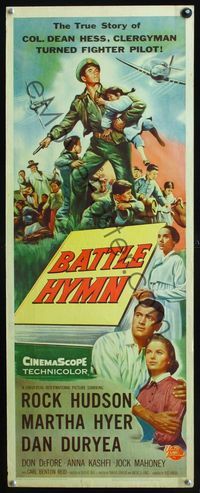 2h044 BATTLE HYMN insert movie poster '57 Rock Hudson as clergyman turned fighter pilot, cool art!