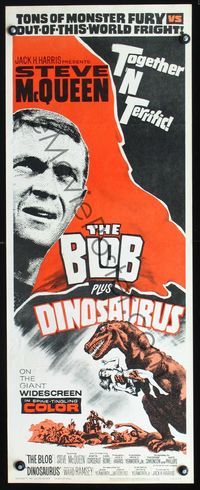 2h063 BLOB /DINOSAURUS insert movie poster '64 great close up of Steve McQueen, plus art of T-Rex!