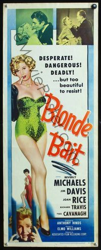 2h064 BLONDE BAIT insert '56 full-length sexy smoking bad girl Beverly Michaels is a silken trap!