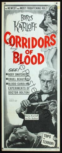 2h106 CORRIDORS OF BLOOD insert '63 Boris Karloff, Christopher Lee, blood-curdling experiments!